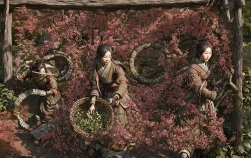 women in garden,hanging elves,floral greeting,wreath of flowers,three flowers,guards of the canyon,garden statues,musketeers,mod ornaments,the three magi,trumpet creepers,the three graces,floral corne