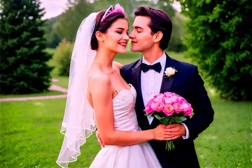 Bride, white wedding dress, veil, tiara, elegant hair, natural makeup, slender figure, happy smile, holding bouquet, groom, black tuxedo, bow tie, handsome face, romantic kiss, tender hug, outdoor sce