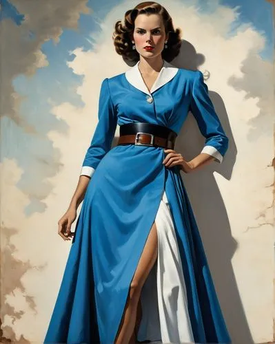 An enigmatic digital illustration: A woman with a vibrant blue dress, adorned in a black belt, and a white collar stands tall. Her gaze, directed sideways, adds mystery; her brown hair adds a splash o