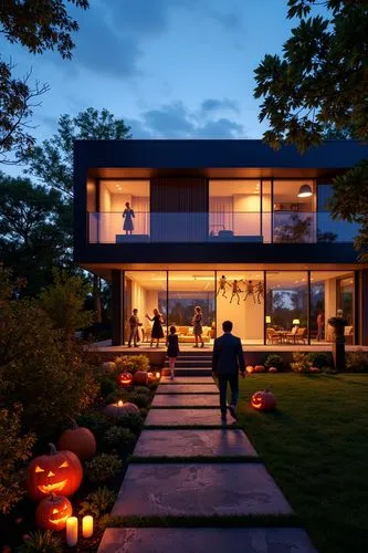 Photo of a modern house decorated for Halloween at dusk, the house has sleek, minimalist architecture with dark exterior tones, accented by eerie Halloween decorations… Carved pumpkins with flickering