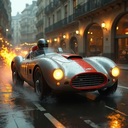 A dynamic, photorealistic digital illustration or CGI render of a vintage, mid-20th-century open-top race car, such as an Aston Martin or Maserati, speeding through a wet, narrow urban street in a Eur