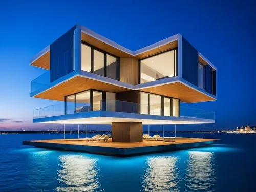 Floating Architecture,some buildings are on the water and have lights,cube stilt houses,cubic house,cube house,modern architecture,cantilevered,house by the water