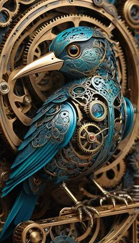 /imagine prompt: Highly intricate steampunk automaton bird, close-up illustration. Body constructed from dark blue/black metal intricately etched with filigree patterns. Head features a metallic turqu
