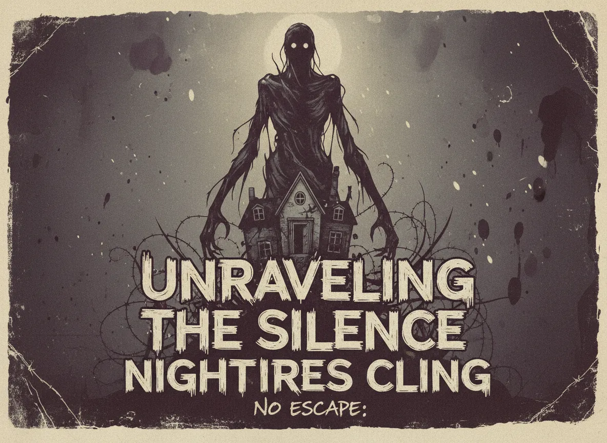 Una locandina Traumacore scura e d'atmosfera con testo inquietante e una figura oscura sullo sfondo, creata come concetto visivo spettrale.