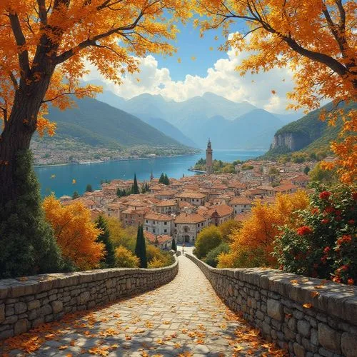 Create an artwork that captures the picturesque beauty and autumnal atmosphere of Riva del Garda. Cityscape in Gustav Klimt style, colorful falling leaves and warmth of community are depicted in an en