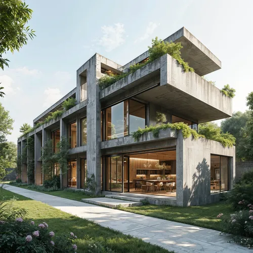 An environmentally conscious design with a rugged, industrial edge, featuring raw concrete, steel beams, and large glass panels.,a large concrete house sits atop a grassy hill,modern house,modern arch