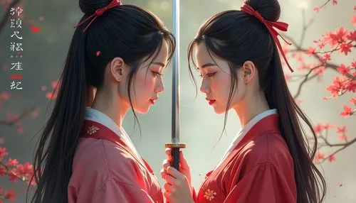 A Korean girl in national dress looks at her reflection in the blade of a katana sword polished to a mirror shine.,two women in kimonos looking at each other,yuexiu,zhiyuan,jingqian,huayi,hanxiong,mul