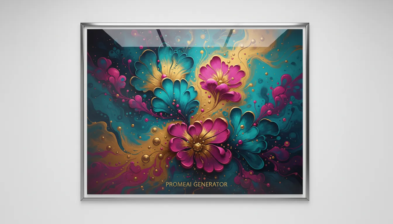 Un magnifico poster di qualità da galleria con acrilici fluidi iperrealistici, caratterizzato da vivaci vortici color ottanio, oro e magenta, creato dal generatore PromeAI.