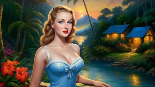 Romantic masterpiece oil painting, cute girl portrait, nostalgic 1950's style kitsch, vibrant rainforest landscape, lush tropical jungle paradise, summer beach vacation seaside cottage sunset scenery,