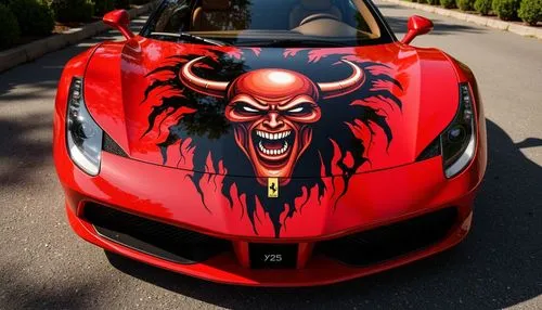 the car is painted with a devil head on it,bedevil,devil,devilish,fire devil,roaring,devilishly,devils,stinger,prancing horse,cartoon car,red chief,demon,super car,tribal bull,pace car,bulls,to roar,v