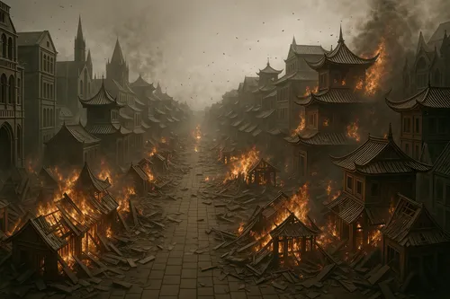 a view of an old town on fire, with lots of burning buildings on it,city in flames,medieval street,firedamp,the conflagration,conflagration,cataclysm,conflagrations,burning house,fire background,smoke