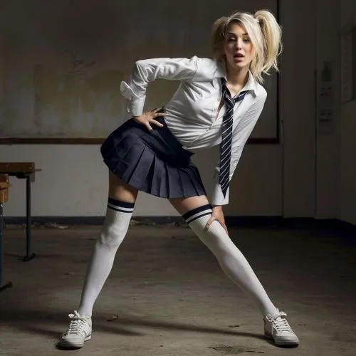 skin, face, mouth ,a blonde young woman wearing a school uniform,kreayshawn,trinian,uffie,hyoty,knee-high socks,school skirt