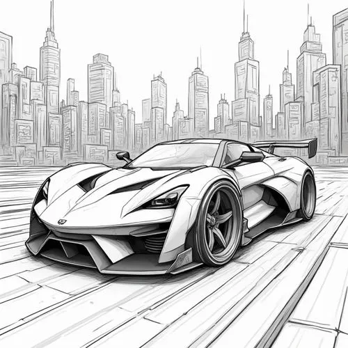 Visualize a futuristic sports car, hyper-stylized with sharp angles and a sleek, aerodynamic design, set against a backdrop of an urban landscape filled with towering skyscrapers. Emphasize the car's 