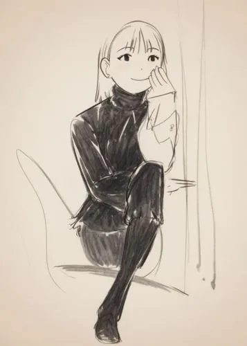A minimalist anime-style character with realistic human proportions. The character has a boyish, medium-length haircut, cat ears, an upturned nose, and a round face. The drawing is an unfinished, roug