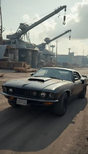 muscle car with canon, black matt,a brown ford mustang muscle car driving on a rural street,challenger,muscle car,70's icon,retro vehicle,game car,muscle icon,barracuda,retro car,riviera,mustangs,inte
