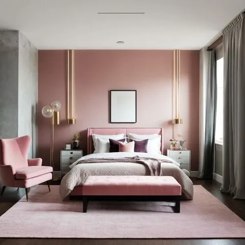 bedroom, modern style, pink, cute,there is a pink and gold bedroom with light colored furniture,mahdavi,dark pink in colour,gold-pink earthy colors,pink chair,dusky pink,great room