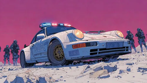 16.French police cars surrounding Bentley, lights flashing, officers with guns drawn, dreamy surreal illustrations, hand-drawn anime style, soft pastel and ink shadows, an imaginative future world, hi