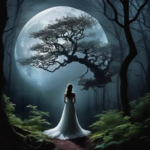 a woman in a dress walking through a forest,fantasy picture,the mystical path,moonlit night,enchanted forest,faerie,moonlighted,ballerina in the woods,fairytale,evanescence,moonlit,enchanted,forest ba