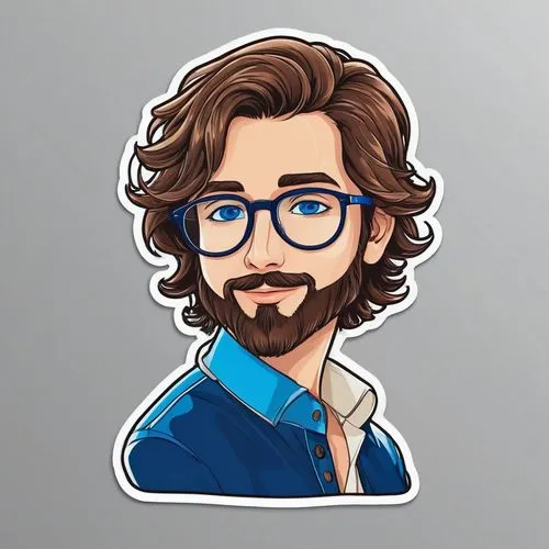generate me the sticker of a boy with a thin face, shoulder-length brown hair flowing backwards, blue eyes with a trimmed beard and round glasses





,groban,flat blogger icon,dribbble icon,gmm,hrith