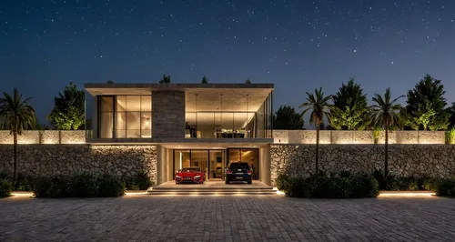 a modern home is lit up at night,dunes house,modern house,luxury property,holiday villa,luxury home,beautiful home,residential house,private house,cubic house,cube house,contemporary,brick house,night