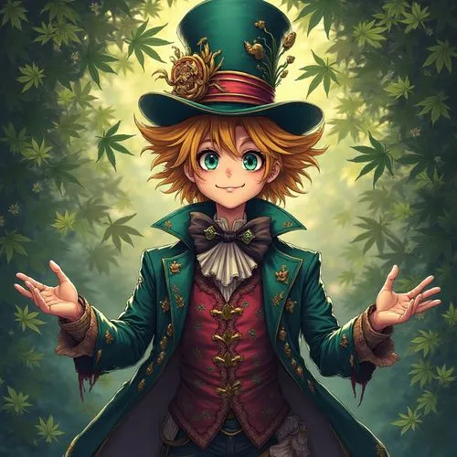alice in wonderland shazam kazam wam bam emoji face anime male mad hatter warrior lingerie inspired gothic colonial clothing armor outfit full body marijuana leaf record background
,a drawing of a boy