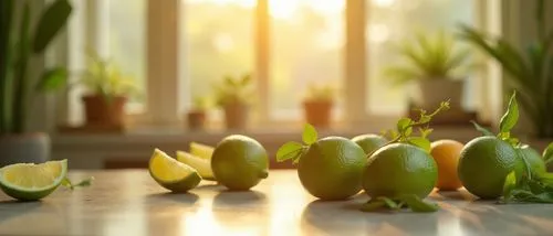 modern,big cozy living room,instagram style,beautifull desighn,sunny day,beige,cream,green,many plants,blured background,details ,zoom on green flowers,limes on table,a group of limes, lemons and a sm
