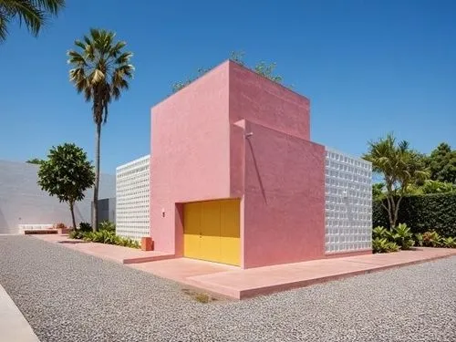 CRISTAL TRANSPERENTE COLOR AZUL,two buildings with a driveway and palm trees,cubic house,cube house,dunes house,cabana,cabanas,pink squares,clay house,painted block wall,mid century house,model house,