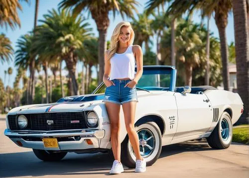 American girl, blonde hair, blue eyes, casual wear, denim shorts, white tank top, sneakers, smiling, leaning against a classic American muscle car, sunny day, palm trees, beachside, California, warm l