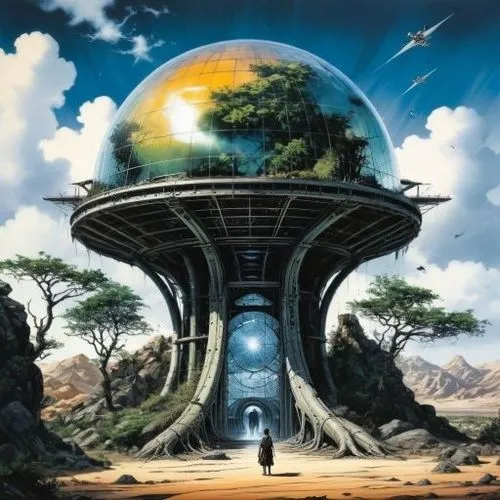 ((COMIC ART)| VECTOR ART),
dark palette, midrange scene, double exposure, DARK ambience, Art ON cracked photopaper, 
((COMIC ART) by
LUIS ROYO
 , A huge futuristic glass dome housing a self-sustaining