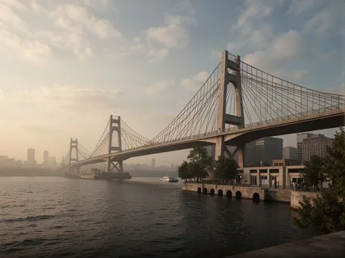 Sweeping arches, gentle curves, ornate railings, suspension cables, majestic piers, reflective water surfaces, misty morning atmosphere, soft warm lighting, shallow depth of field, 1/1 composition, pa