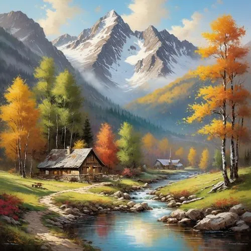 Capture a tranquil retirement image with a serene mountain landscape.,a painting of a cabin by a stream,landscape background,mountain scene,autumn mountains,autumn landscape,mountain landscape,fall la