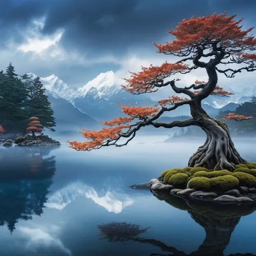A detailed digital illustration of an ethereal stormy sky, with an ethereal, snow-covered landscape. The foreground is adorned with a  bonsai maple tree whose trunk reaches toward the dark water, whil