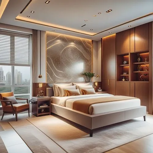 a bedroom has a marble wall behind the bed and has a large window with no curtain,great room,penthouses,luxury home interior,modern room,interior decoration,interior design