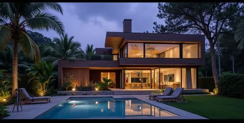 this is an image of a luxury home with a pool,pool house,beautiful home,tropical house,dreamhouse,modern house,holiday villa,florida home,luxury property,luxury home,modern architecture,beach house,mi