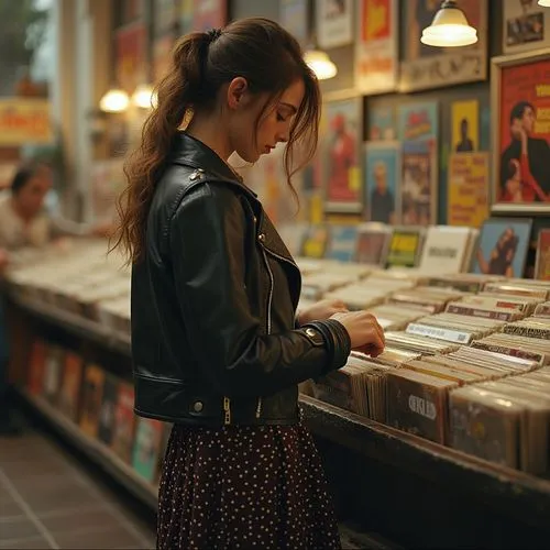 A stylish teenage girl standing in a vintage record store, flipping through vinyl albums. She’s wearing retro-inspired clothing, with a polka-dot skirt and a leather jacket. The shelves around her are