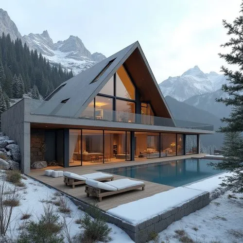 A hyper-realistic, high-resolution architectural photograph of a luxurious, alpine-style modern villa nestled in a mountainous landscape. The home features a prominent A-frame roof and is constructed