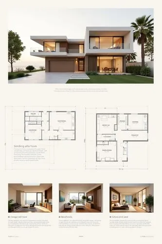 A professional architectural presentation board with a Pure background and a clean, minimalist design layout. The board includes:

Top Section: On the top left, a photorealistic render of a contempora