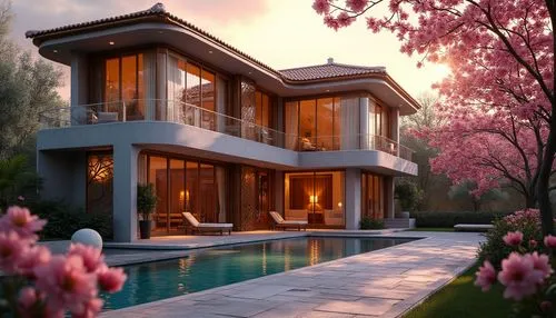Plum-colored modern villa, luxurious exterior, curved lines, large glass windows, wooden accents, plum-colored roof tiles, ornate metal doors, lush greenery surroundings, natural stone pathway, warm s