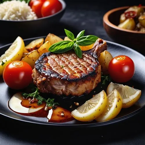 There is a piece of fried pork chop on the black plate, paired with tomatoes, potatoes, garlic and other ingredients, Chinese food, atmospheric light and shadow style, backlight photography, the theme
