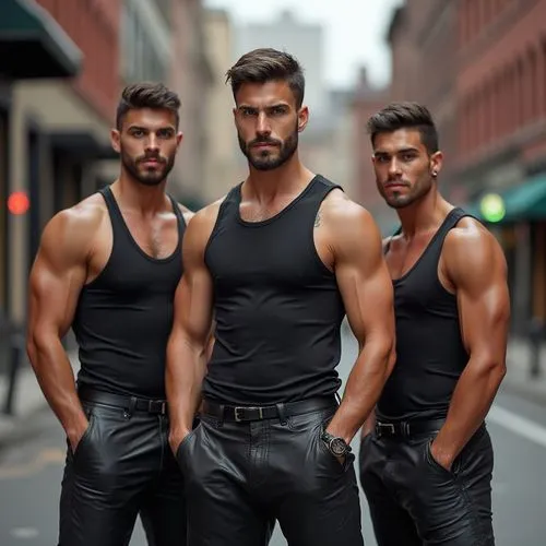a handsome muscular Brazilian American man and his brothers in Boston wearing tank tops and leather pants, 30 and 27, 25 years old,Brazilian American brothers in Boston ,hunks,trio,doormen,plainclothe