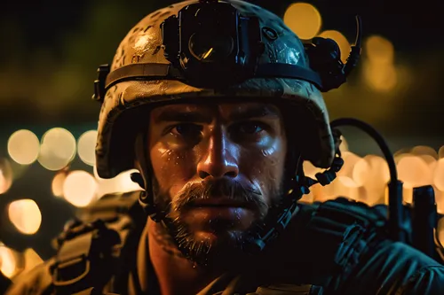 A Navy Seal from the USA looking in the water on a mission at Night,district 9,lost in war,steel helmet,war correspondent,miner,war machine,night watch,rifleman,fire fighter,steelworker,cinematographe