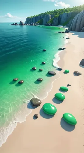 two pos of the ocean from above, one of them is of green rocks,emerald sea,beach furniture,dream beach,greens beach,waves circles,beach landscape