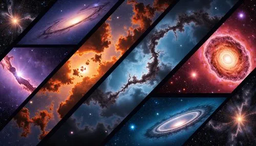 A collage of vibrant and detailed outer space scenes, divided into diagonal bands. Each band showcases a unique nebula and galaxy composition with vivid colors such as deep reds, oranges, blues, purpl