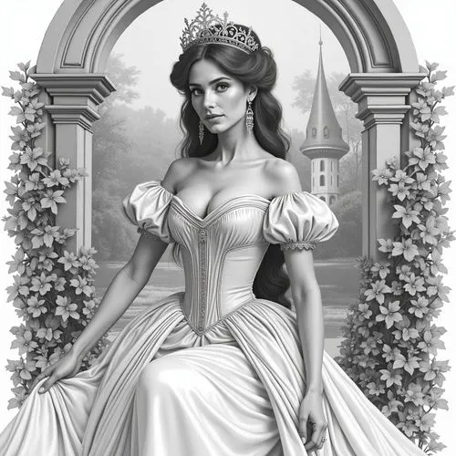 A beautiful, elegant woman with long, wavy brown hair, wearing a stunning, off-the-shoulder, silver corseted dress with puffed sleeves and a flowing skirt. she is seated in the middle of the image, wi