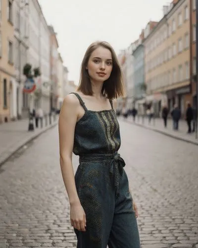 eine 23 jährige durchnittliche mollige Estin in landestypischer Freizeitkleidung in einer mittelgroßen stadt in Estland. komplett angezogen,a woman is posing for a picture on a cobblestone street,dung