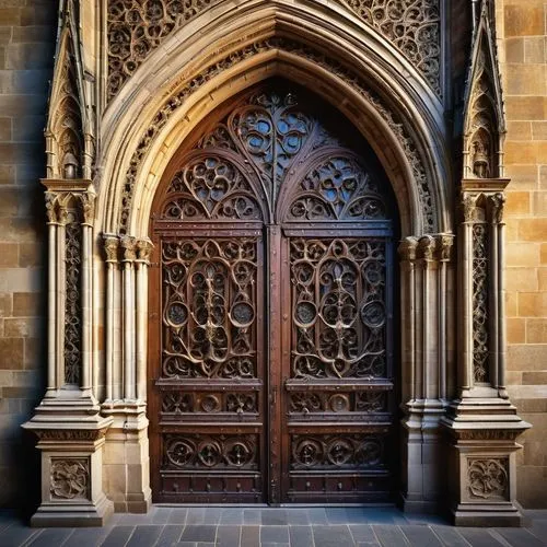 Gothic cathedral, grandiose, majestic, intricate stone carvings, stained glass windows, vaulted ceiling, ribbed arches, flying buttresses, ornate pinnacles, statues of saints, intricate gargoyles, sol