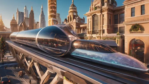 solar punk hyperloop christmas architecture city ,monorail,supersonic transport,sky train,high-speed rail,high-speed train,maglev,high speed train,bullet train,streetluge,conveyor belt,gondola,futuris