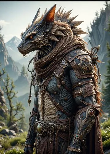 A creature design, 8k resolution, highly detailed, sharp focus, full body shot,a man dressed in leather with elaborate gear,bugbear,male character,cat warrior,forest king lion,chieftain,werewolf,werwo