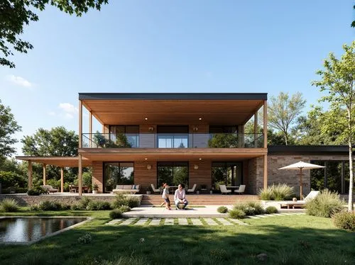 ,two people walk by a large brick building,timber house,mid century house,modern house,dunes house,forest house,cohousing