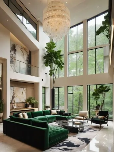 Luxurious living room, modern culto interior design, sleek black marble floor, cream-colored walls, floor-to-ceiling windows, elegant crystal chandelier, plush sectional sofa with velvet upholstery, m